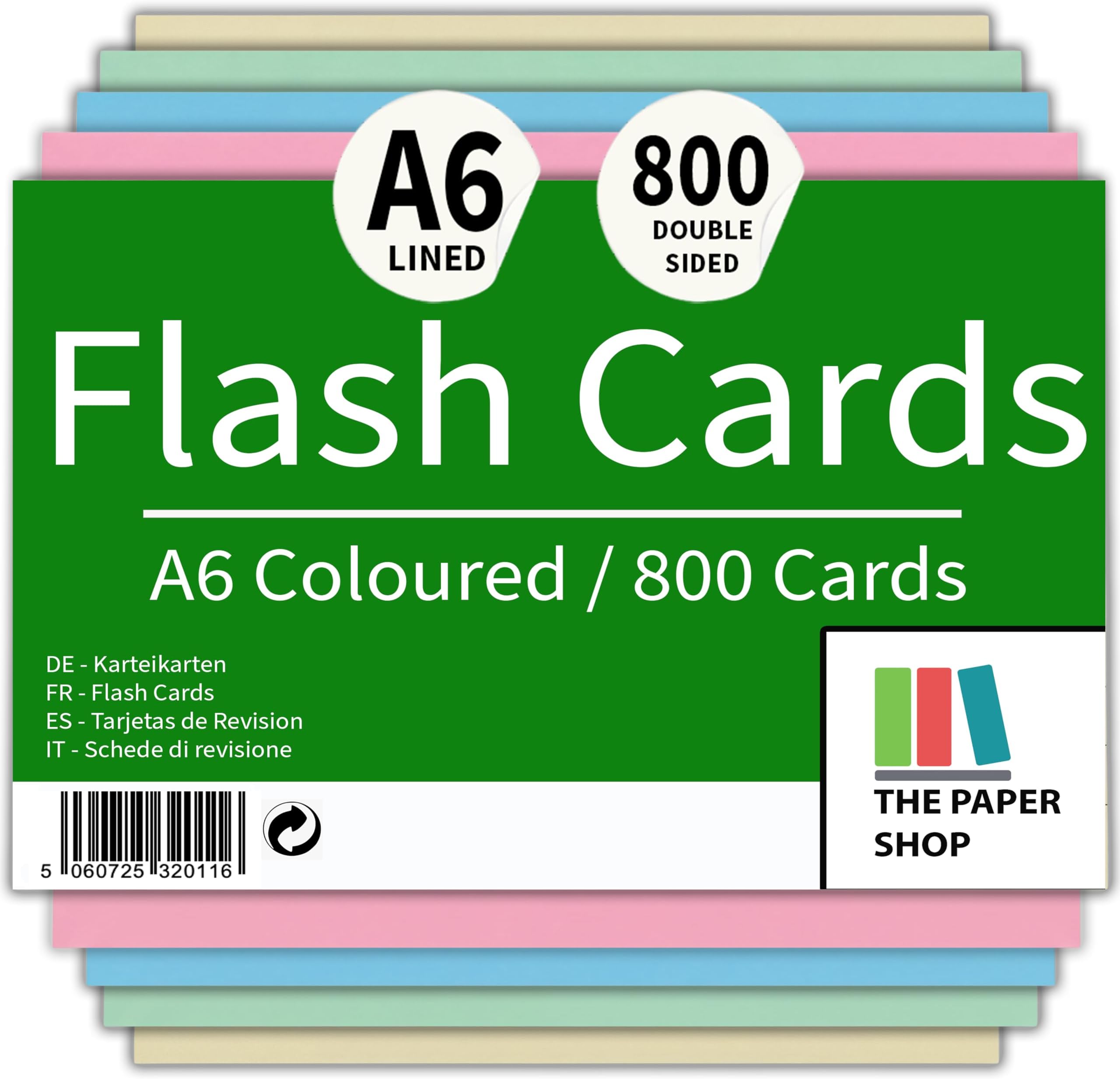 The Paper Shop 800 Pack A6 Revision Cards, 6x4 Coloured Flash Cards, Ruled Blank Index Cards (152mm x 102mm)