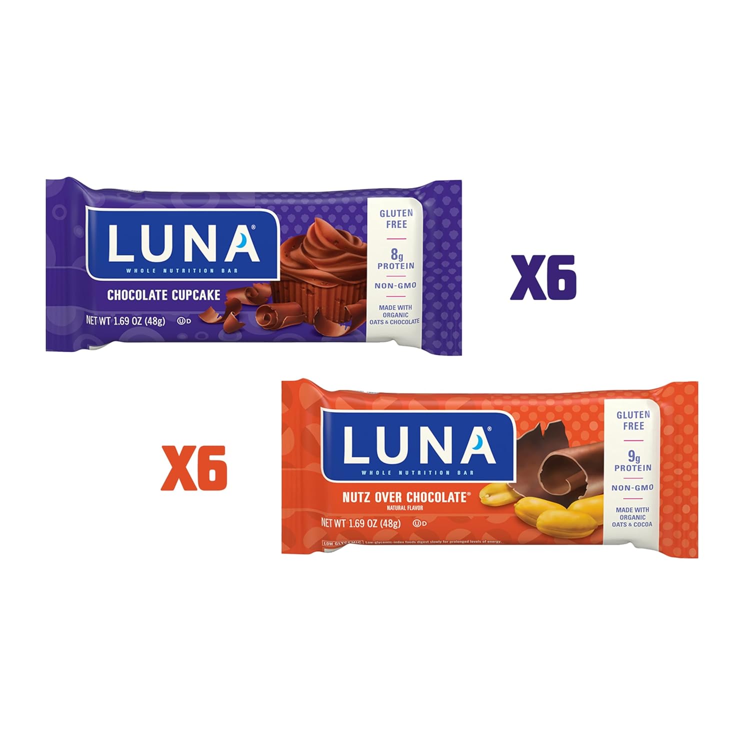 LUNA Bar - Variety Pack - Nutz Over Chocolate and Chocolate Cupcake Flavor - Snack Bars - Non-GMO - Gluten-Free Protein Bars - Made with Organic Oats (12 Pack, 2 Boxes)