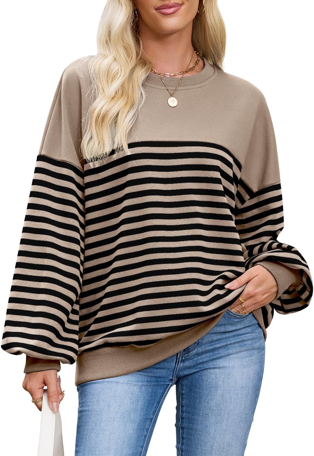 HEYTALALA Womens Oversized Striped Sweatshirts Y2K Long Sleeve Crewneck Sweater Color Block Drop Shoulder Loose Pullover Tops - Image 2