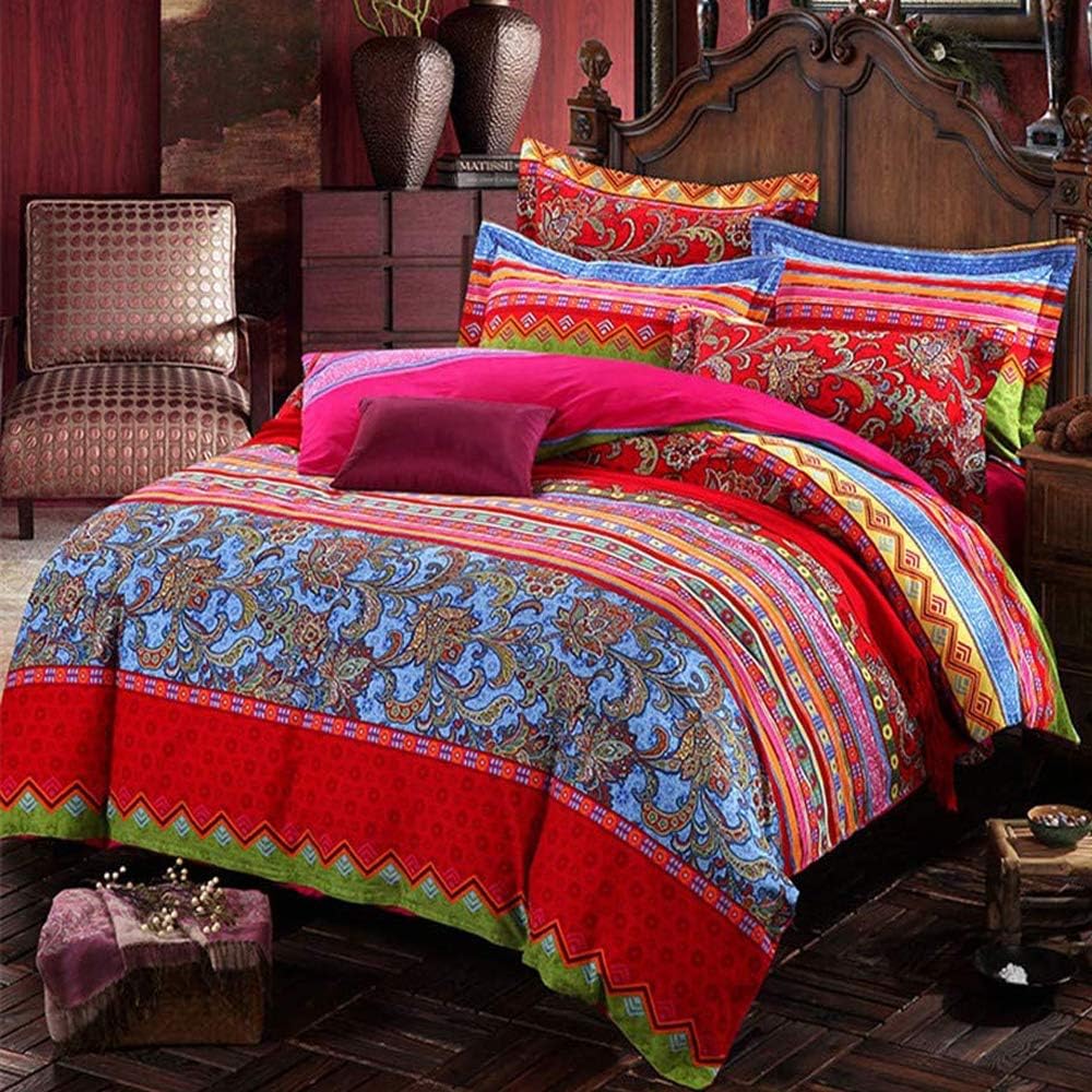 ABREEZE Bohemian Duvet Cover Set Colorful Red Boho Retro Bedding Set Damask Paisley Cotton Duvet Cover Tribal Reversible Bedding Exotic Style Comforter Cover 3-Piece Twin