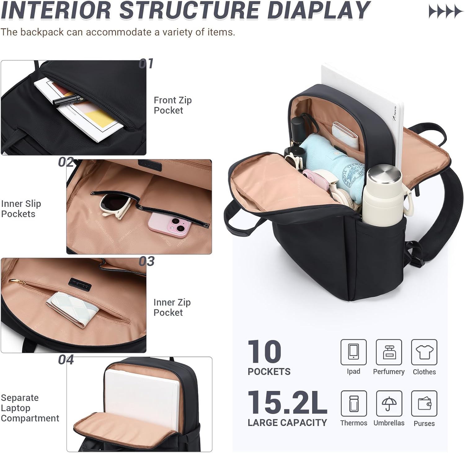 GOLF SUPAGS Women Laptop Backpack Fits 15.6 Inch Notebook Casual Daypack Everyday Bag for Work Travel College Backpack Book Bags (Black) - Image 4