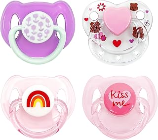 Reborn Baby Doll Accessories, 4 Piece Magnetic Pacifiers for Reborn Dolls, Pink Purple Styles with Kiss Me,Transparent Bear,Rainbow, Purple Flower Pattern, Doll Feeding Toy Accessories Gift Set