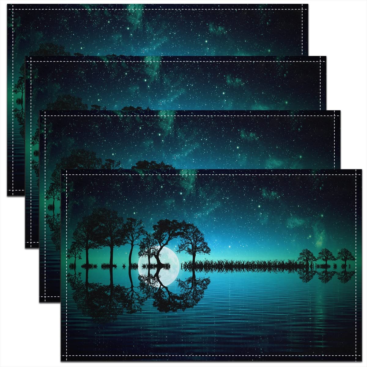 Richhome Color 02 Starry Galaxy Placemats 3D Abstract Lake Nature Landscpae Place Mats For Kids Teens Adults Outdoor Wild Trees Glitter Moon Decor Kitchen Mats For Dining Table 12X18 Inch Set Of 4