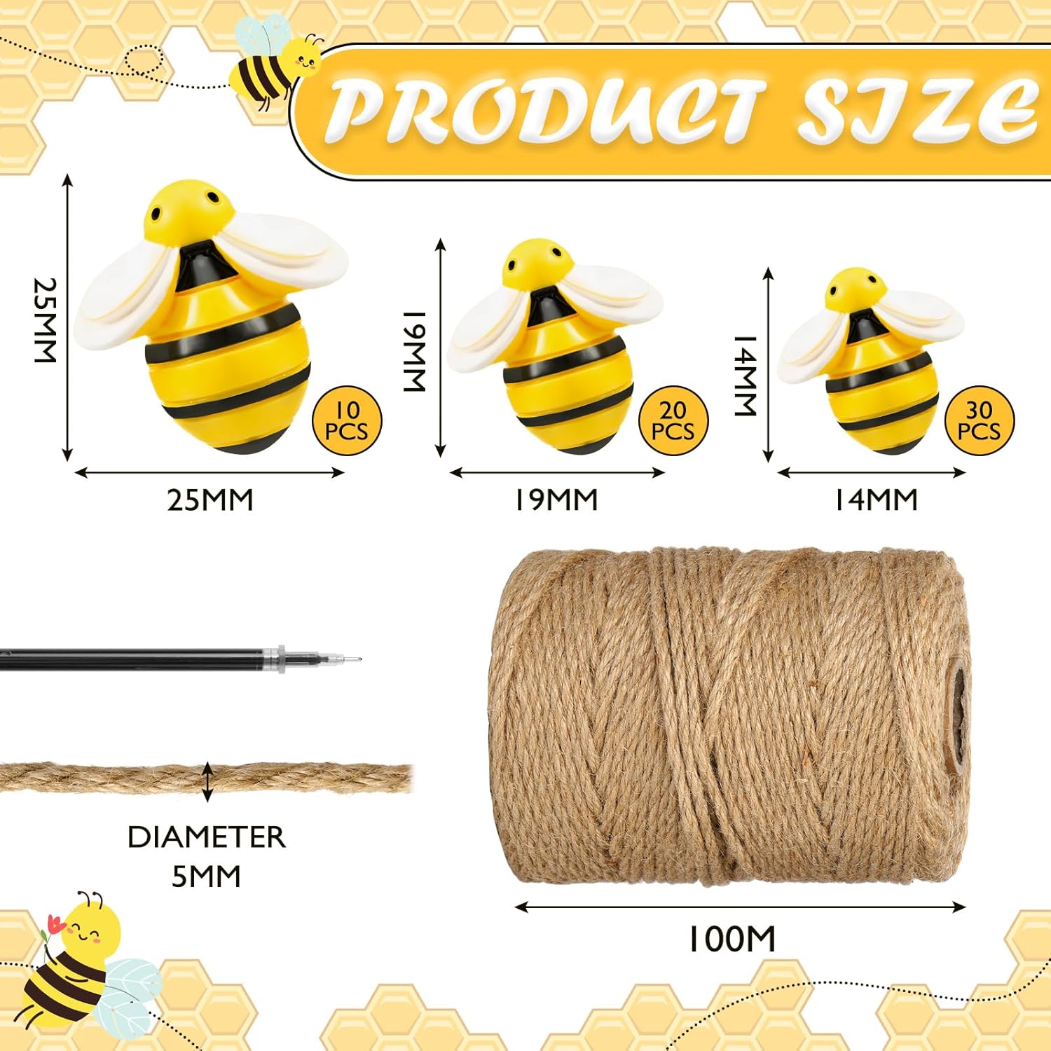 Bee Hive Decor Honey Pot Party Decorations for Bee Baby Shower Decorations with Crafts 328 ft 5mm Jute Rope Natural Twine 60 Pieces Tiny Resin Honeybee for Farmhouse Birthday Party Supplies