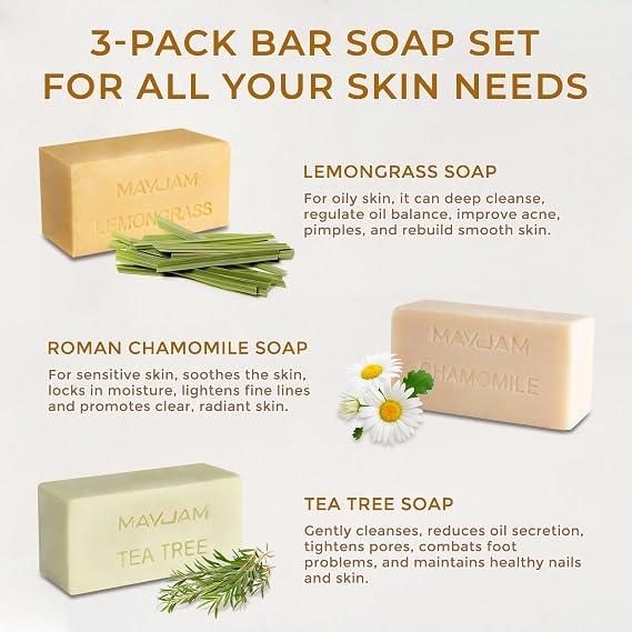 MAYJAM Botanical Bar Soap with Essential Oil, Vitamin E for Body Skin Face | Cold Processed, Handmade, with Lemongrass, Tea Tree, Chamomile Oil for All Skin Type, Men and Women