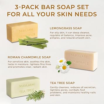 MAYJAM Botanical Bar Soap with Essential Oil, Vitamin E for Body Skin Face | Cold Processed, Handmade, with Lemongrass, Tea Tree, Chamomile Oil for All Skin Type, Men and Women