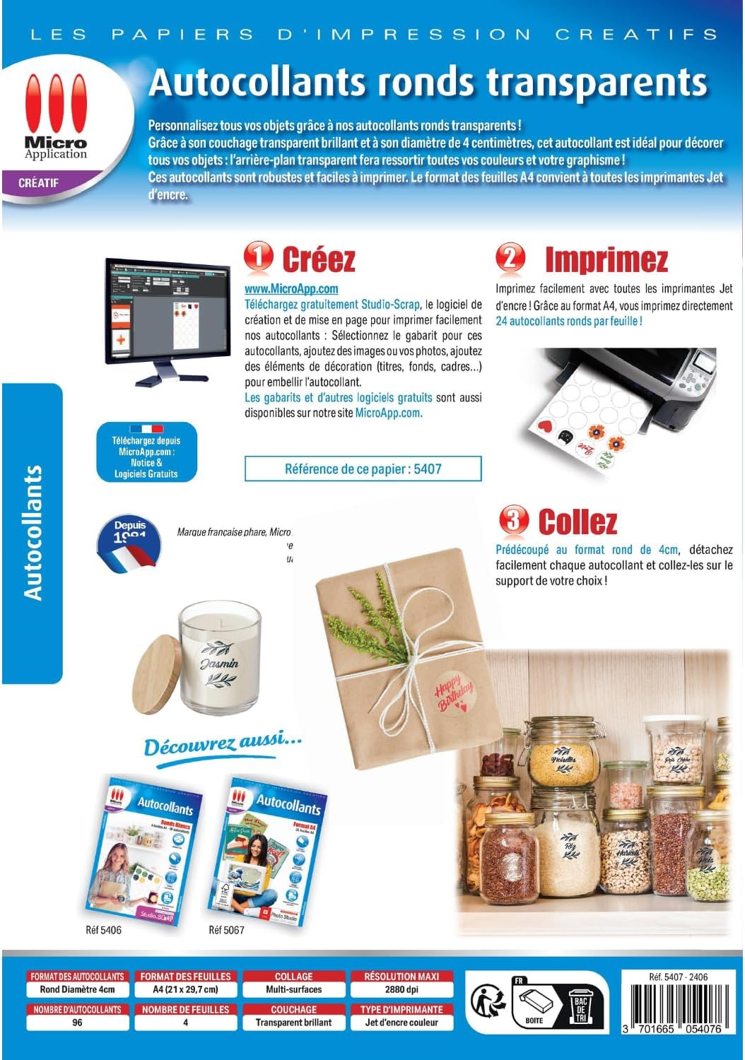 Micro Application - Self adhesive paper - Clear rounds - 4 sheets A4-96 stickers - 4cm diameter - Easy to print - Compatible with inkjet printers