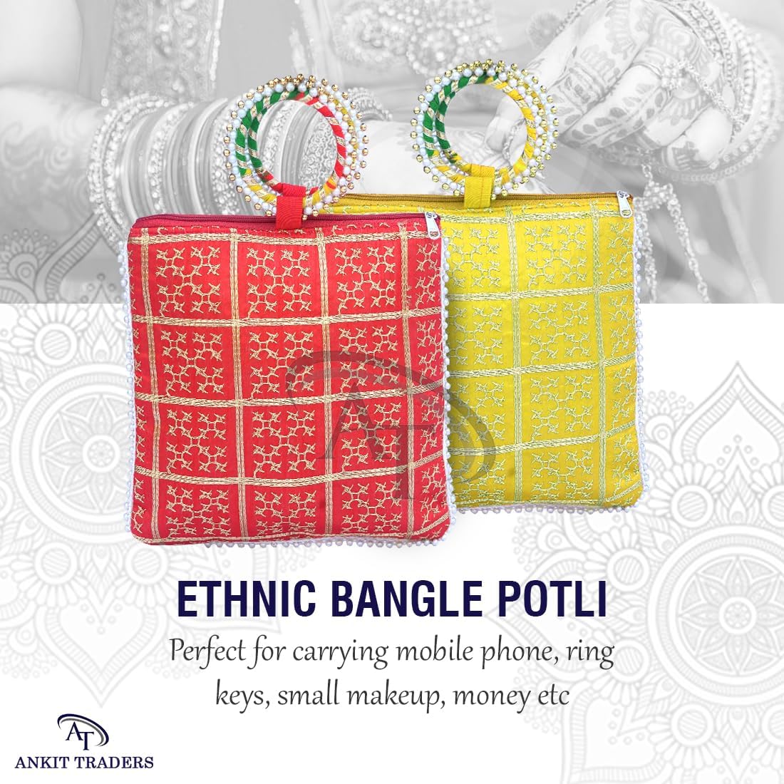 Rishabh Overseas Women Potli Bags for Women Pack of 6 | Embroidered Shagun Potli with Zip & Bangle Handle | Wedding Return Gift Traditional Handbag for Mehandi, Haldi, Baby Shower, Wedding & Sangeet 1