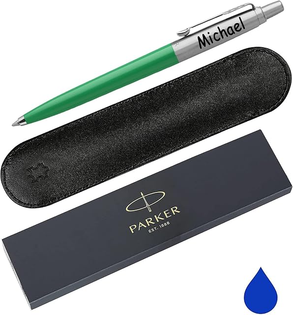 PARKER co Personalised Engraved Parker Jotter Ballpoint Pen with Genuine Leather Pouch in 15 Colours - Choice of Blue or Black Ink. A Thoughtful Gift for Any Special Occasion, Green,128.4mm x 9.7mm