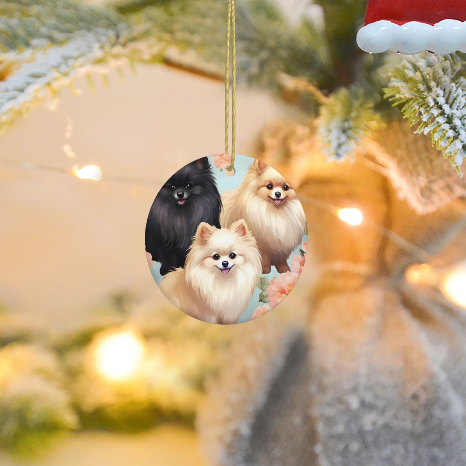 Christmas Ornaments for Christmas Tree Decoration Ceramic Hanging Pomeranians Pattern Ornament with Gold Ribbon Crafts Round Pendant for Keepsake Gifts Glass Xmas Decor Party Supplies