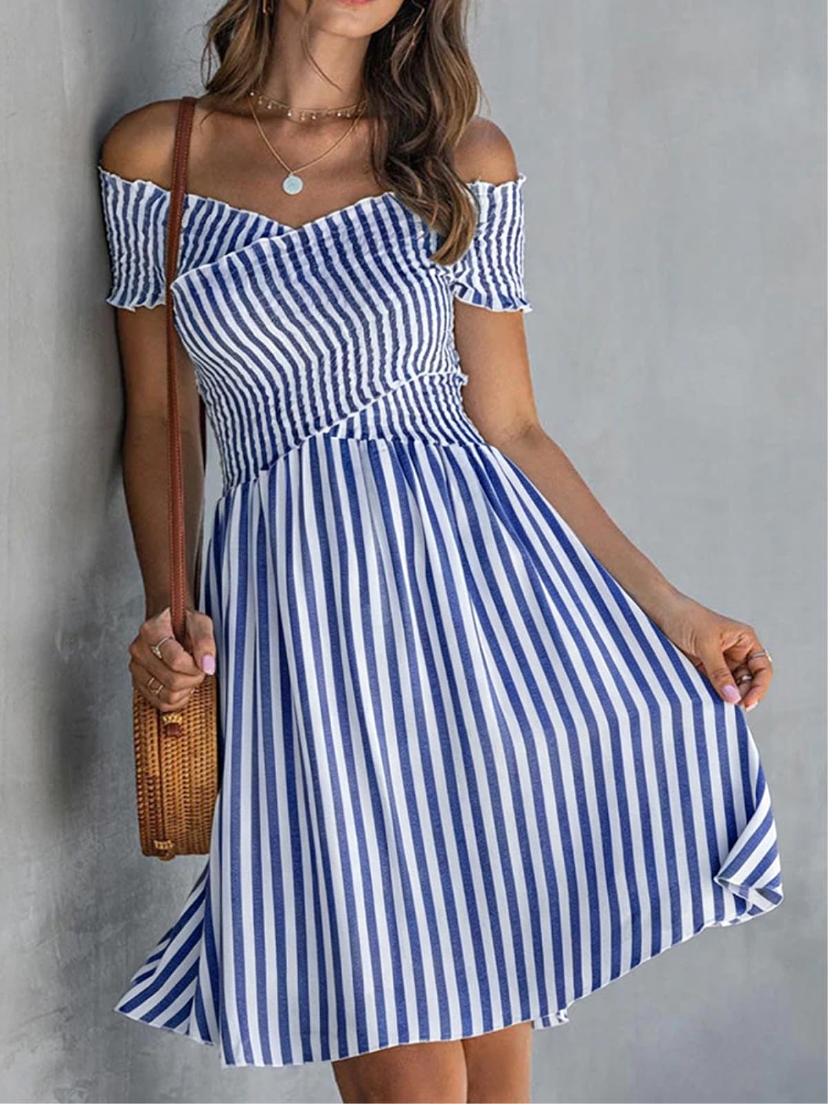 Abito Donna Nuova Estate Manica Corta Chic Mini Primavera A Righe Stampa Linea Vestito da Festa Sexy Criss-Cross Fuori Spalla Boho Abito-05 Gray-l