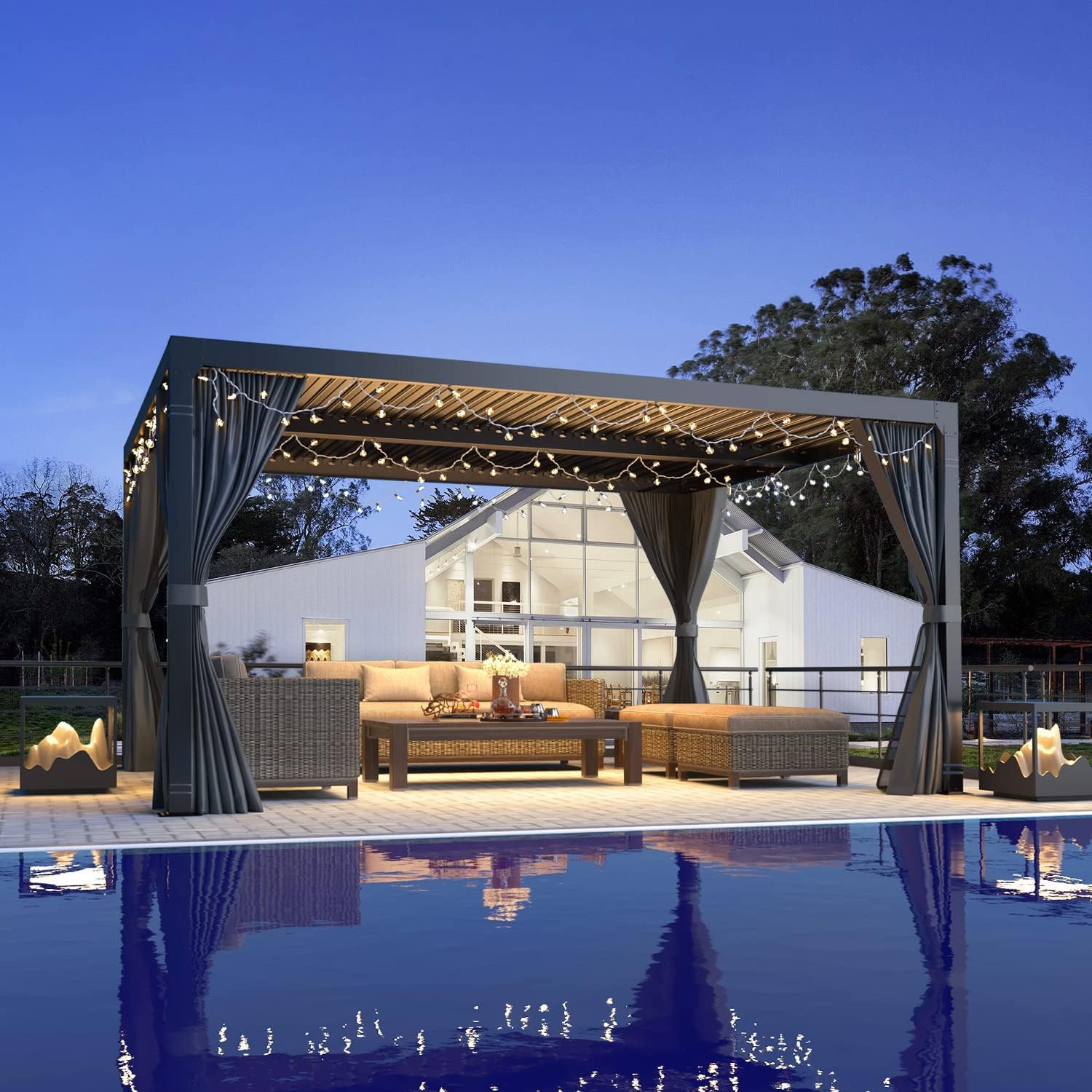 MELLCOM Louvered Pergola 10x12, Outdoor Rustproof Shelter with Adjustable Roof, Steel Aluminum Gazebo with Waterproof Curtains and Netting for Patio Deck, Dark Grey