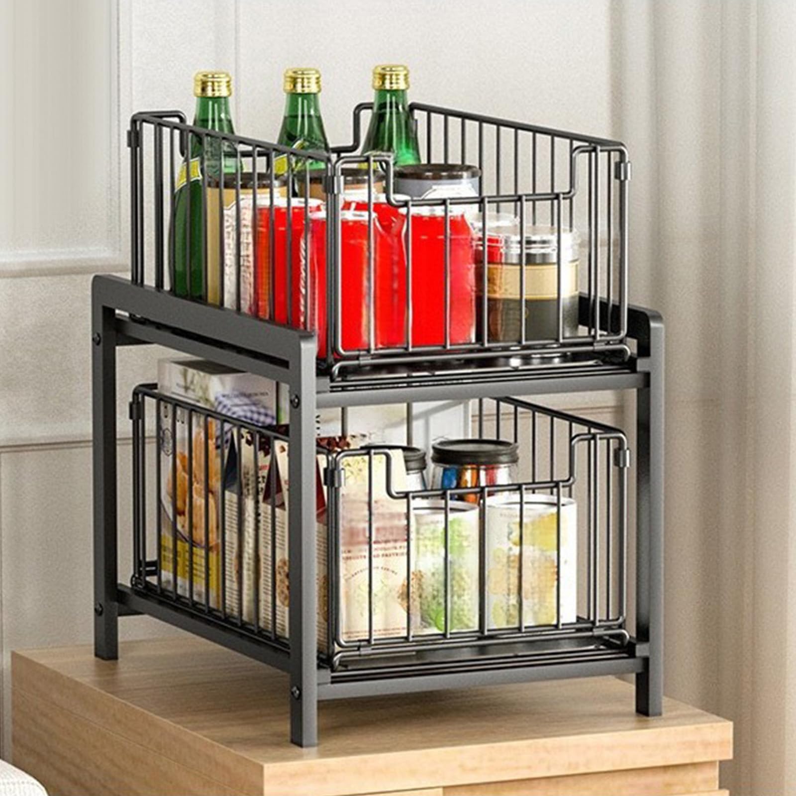 Cesta organizadora deslizante de 2 niveles para debajo del lavabo, cajones de acero extraíbles para armarios de cocina y baño, color gris