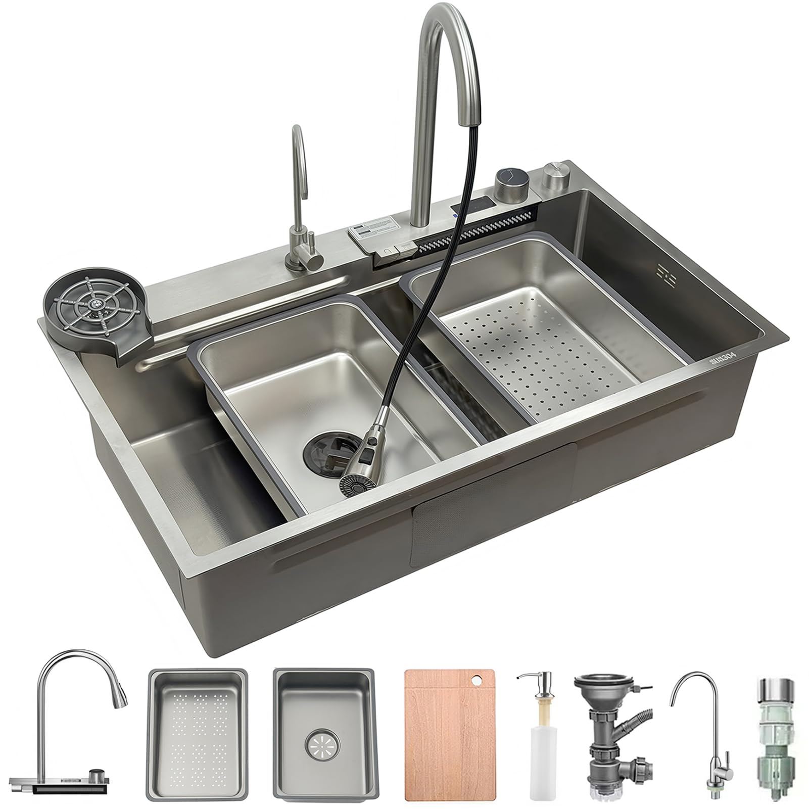85 x 50 cm Waterfall Workstation Kitchen Sink, Brushed 304 Stainless Steel Single Bowl Inset Sink with Digital Display, Multi-Function Sink Set, Micro-Textured Interior, Chopping Board & Drain Kit