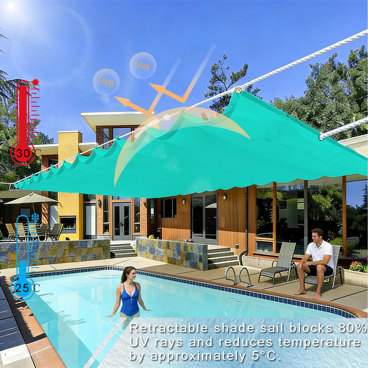 Toldo impermeable de 3,5 x 8 m, adaptación, varios colores y tamaños, jardín, piscina, camping, arena, verde azulado