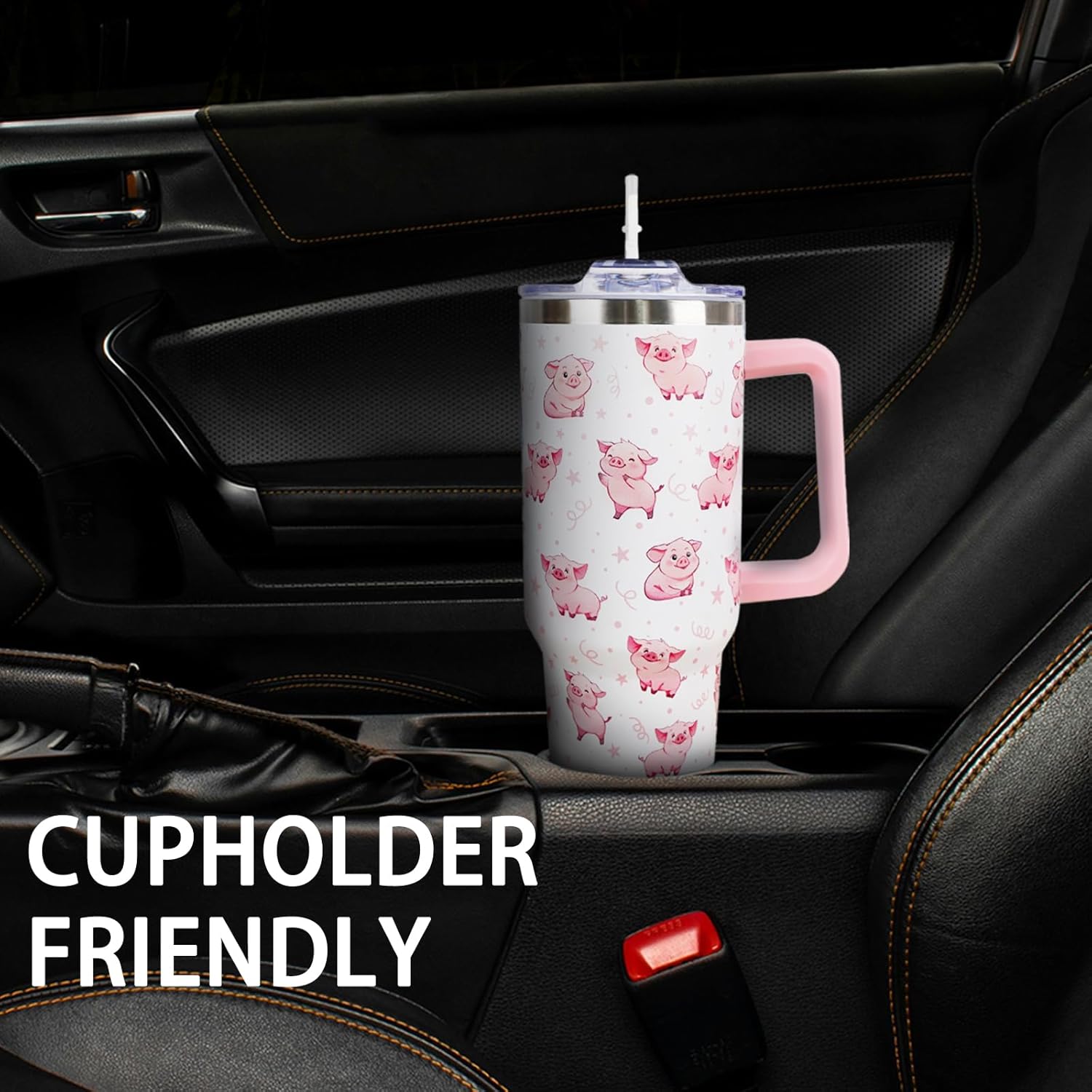 Pink Pig Travel Cup 40 Oz Tumbler With Handle and Straw - Cute Coffee Mug Drinking Glass - Unique Gifts for Pig Lovers, Women, Friends, Girls - Christmas Birthday Present - Image 6