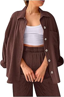 Duohropke Blusa de manga larga para mujer, de verano, de dos piezas, con solapa, pantalones plisados, manga larga, traje de ocio, elegante, holgado, con botones, blusa de muselina, algodón y lino