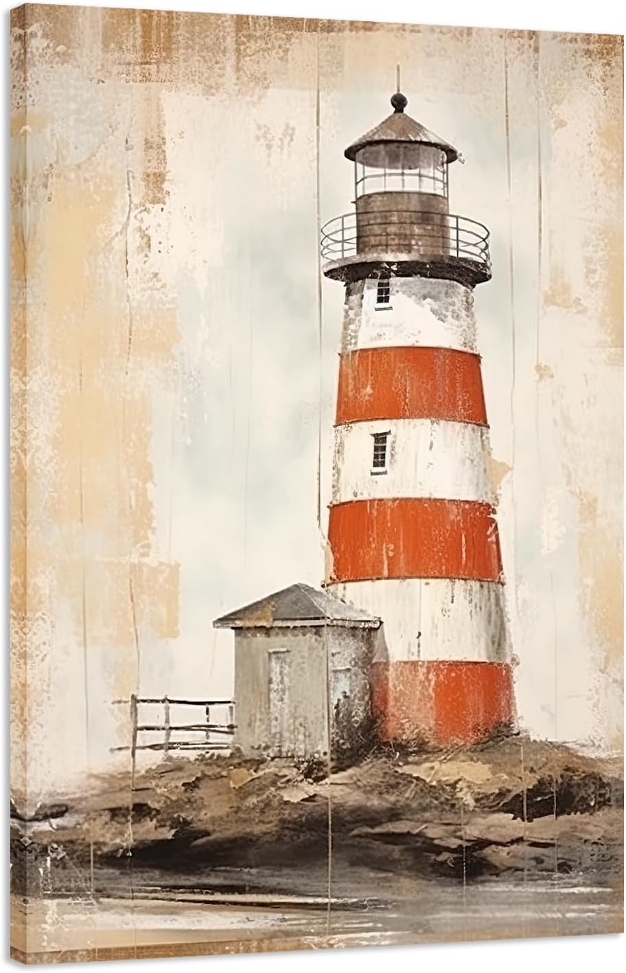 MODOJOART Farmhouse Lighthouse Canvas Wall Art, Red and White Old Lighthouse Painting Print Vintage Rustic Coastal Poster Picture for Bathroom Kitchen Decor(Artwork-02, 12"x18")