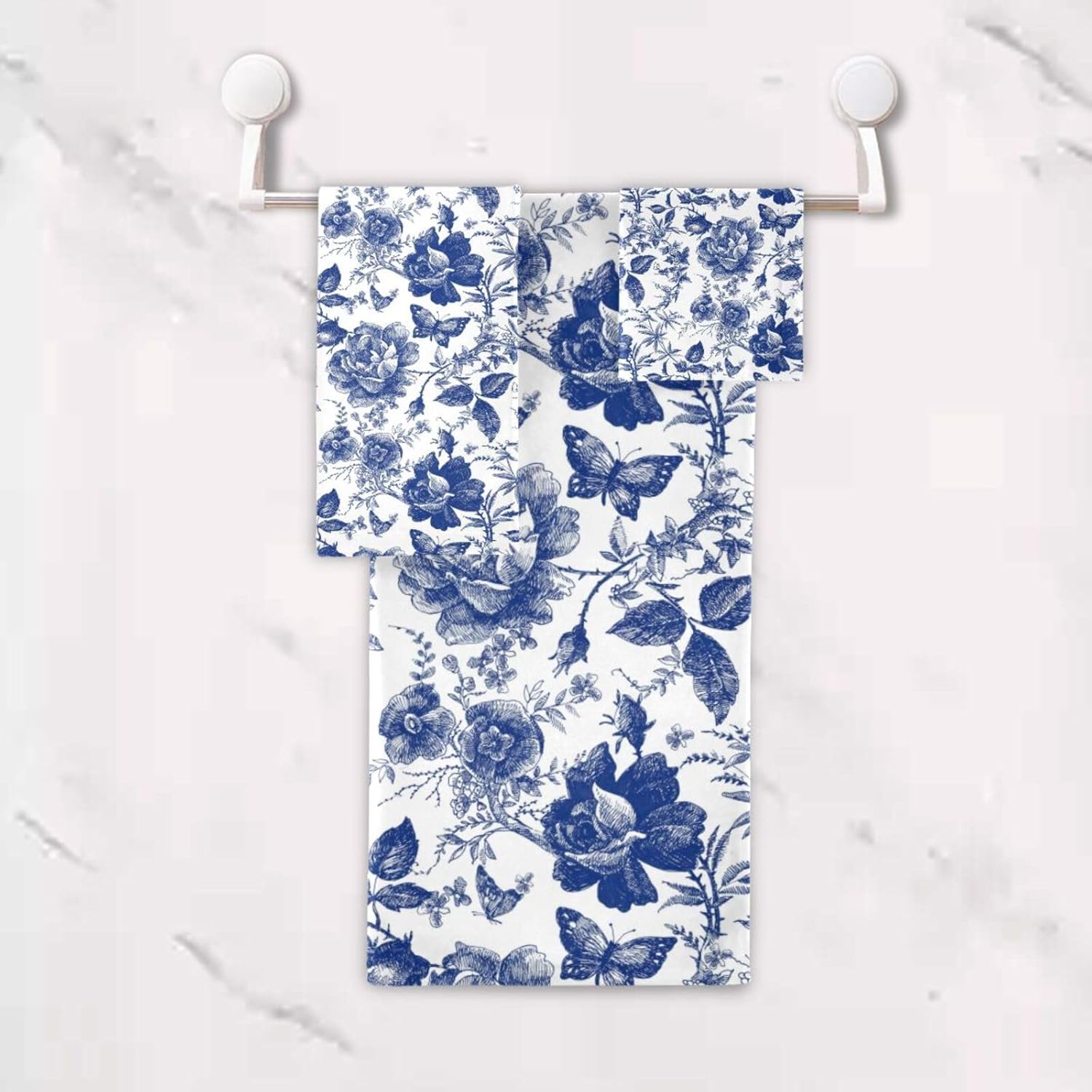 3 Piece Navy Blue Floral Leaves Bath Towel Set,Microfiber Decorative Vintage Chinoiserie Rose Flowers Leaf Bathroom Towels,1 Bath Towel 1 Hand Towel for Bathroom Kitchen,1 Washcloth for Face