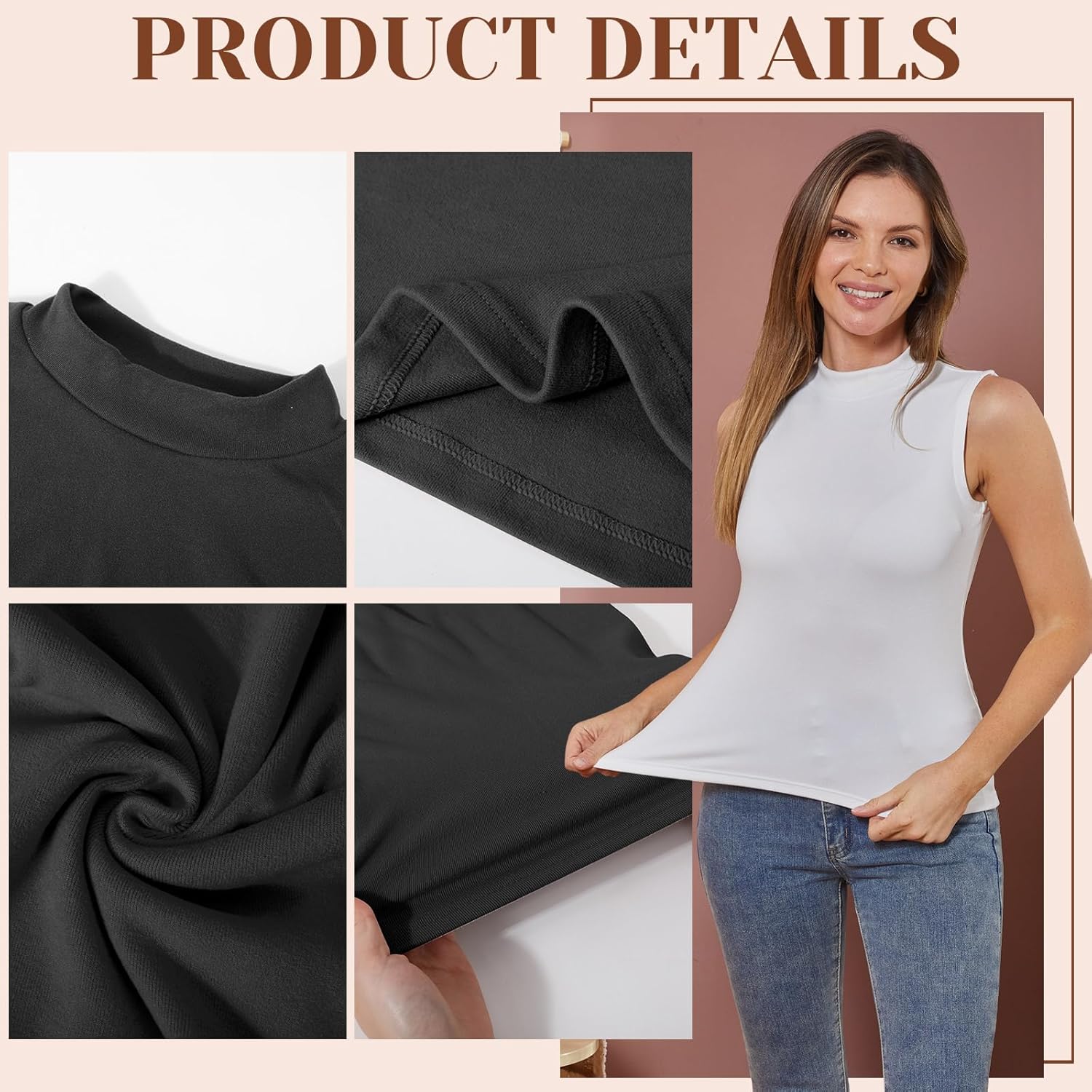Toulite 4 Pack Women's Mock Turtleneck Sleeveless Tops Fleece Stretch Slim Fitted Mock Neck Tank Tops Winter Basic T Shirts - Image 2