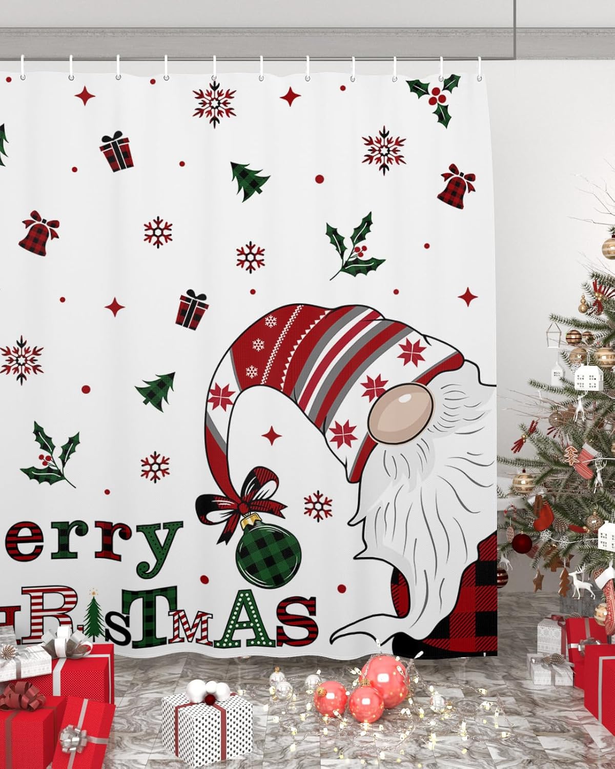 Christmas Gnomes Shower Curtain Set with Hook 72" x 96",Washable Cloth Polyester Fabric Shower+Curtain,Waterproof Bath Curtains for Bathroom,Showers,Bathtubs Decor Buffalo Plaid Pine Leaves