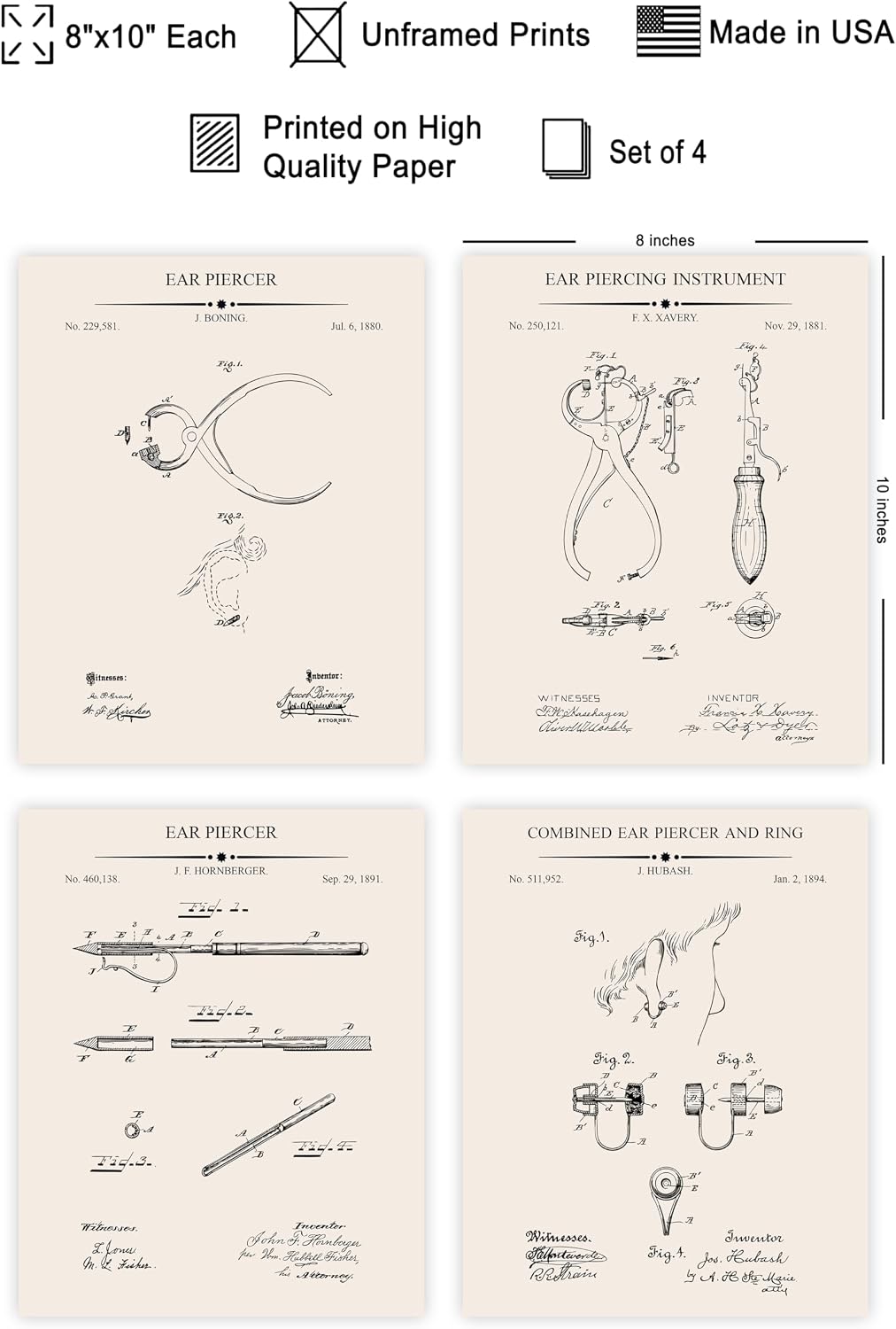Poster Master 4-Piece Ear Piercing Blueprint Poster - Ear Piercer Patent Print - Ear Piercing Gun Art - Ear Ring Illustration - Piercing Design - Technical Drawing - Office Decor - 8x10 UNFRAMED