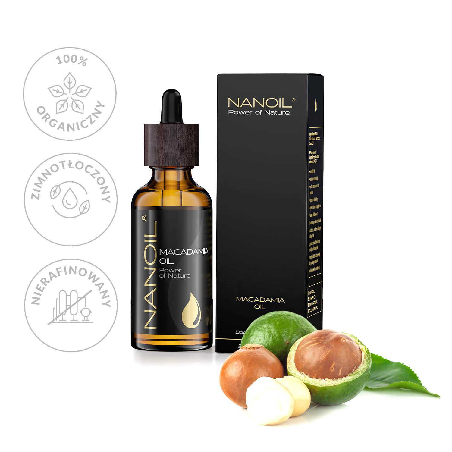 Olejek makadamia Nanoil Macadamia Oil 50 ml – naturalny, zimnotłoczony i nierafinowany olejek do pielęgnacji włosów, ciała i twarzy, odżywienie, ochrona i wzmocnienie