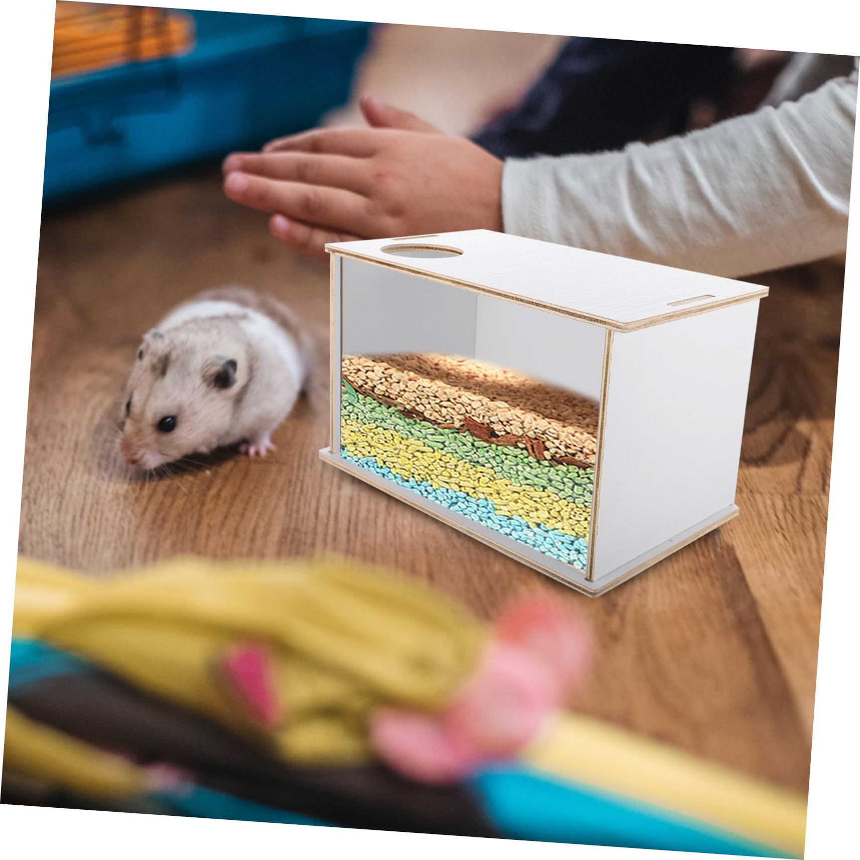 Hamster Sandbad Sandkasten Haus aus Holz mit Transparenter Badewanne für Chinchillas und Kleintiere Multifunktionales Sandbadbecken für Haustierbadezeit und Sauberkeit