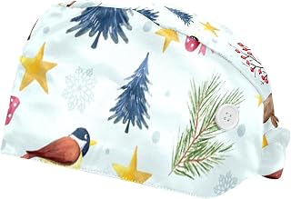 2 Pieces Working Hat with Buttons Adjustable Sweatband Bouffant Hats Unisex Tie Back Hats Deer Bird Tree