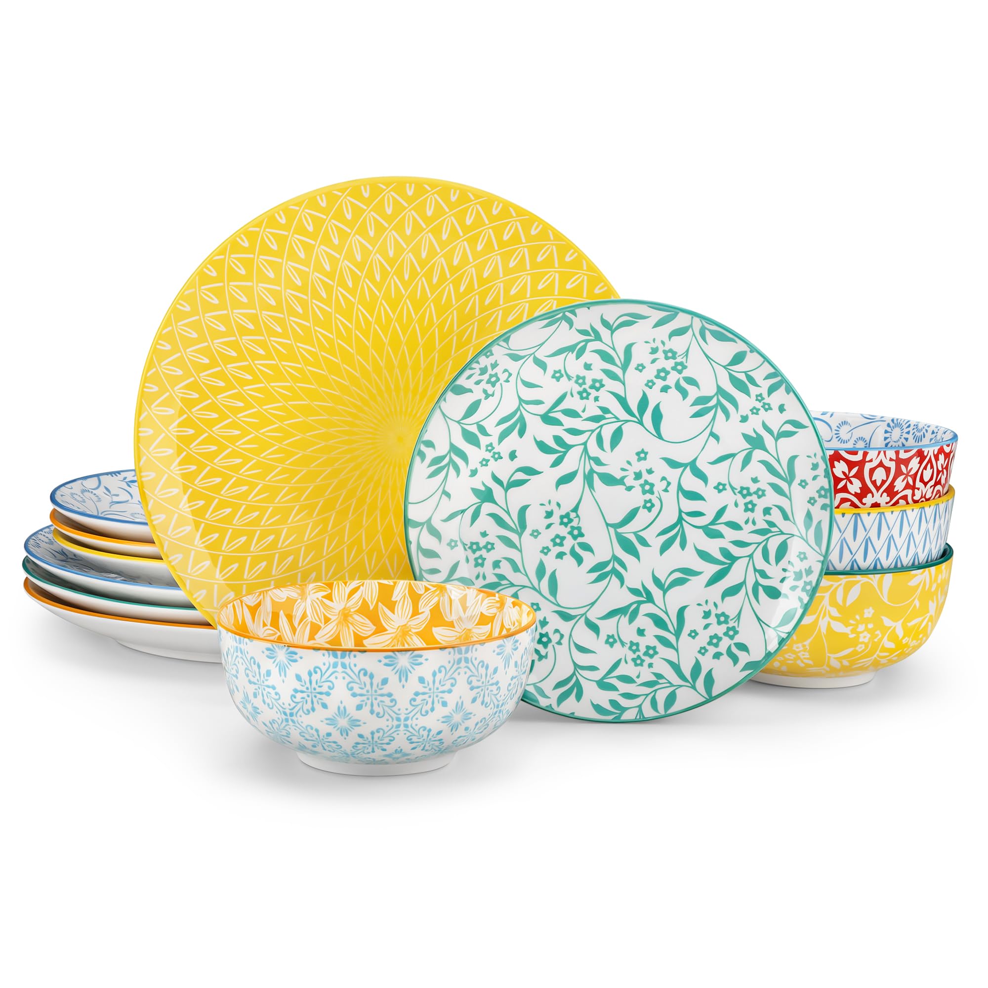 vancasso Selene Colorful Floral Porcelain Dinner Set for 4, 12 Pieces Plates and Bowls Set Dinnerware Sets with Dinner Plates/Dessert Plates/Cereal Bowls, Mircowave & Dishwasher Safe