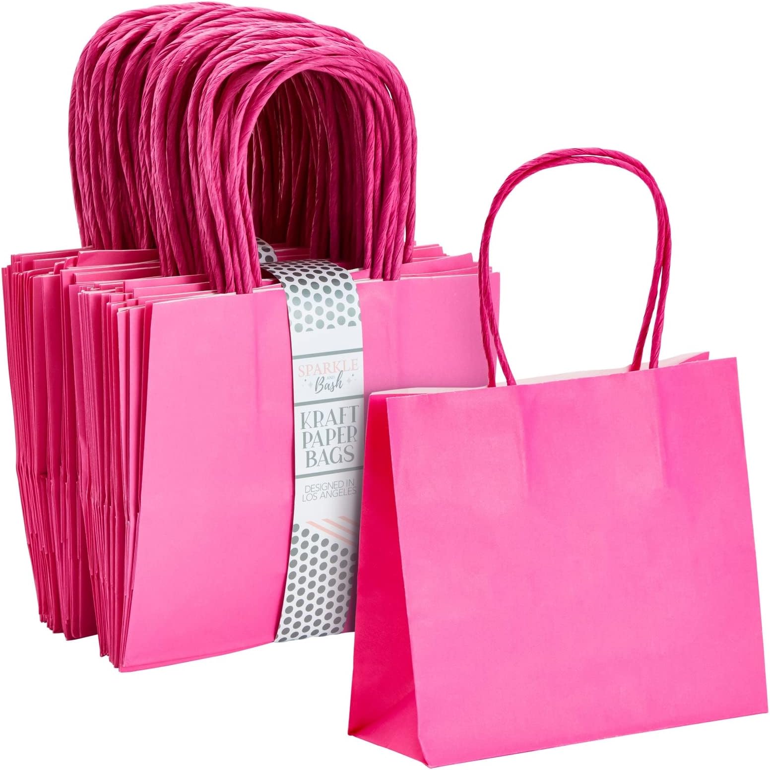 Sparkle and Bash 50 Pack Mini Pink Gift Bags with Handles, Bulk Kraft Party Favor Bags (6 x 5 x 2.5 In)
