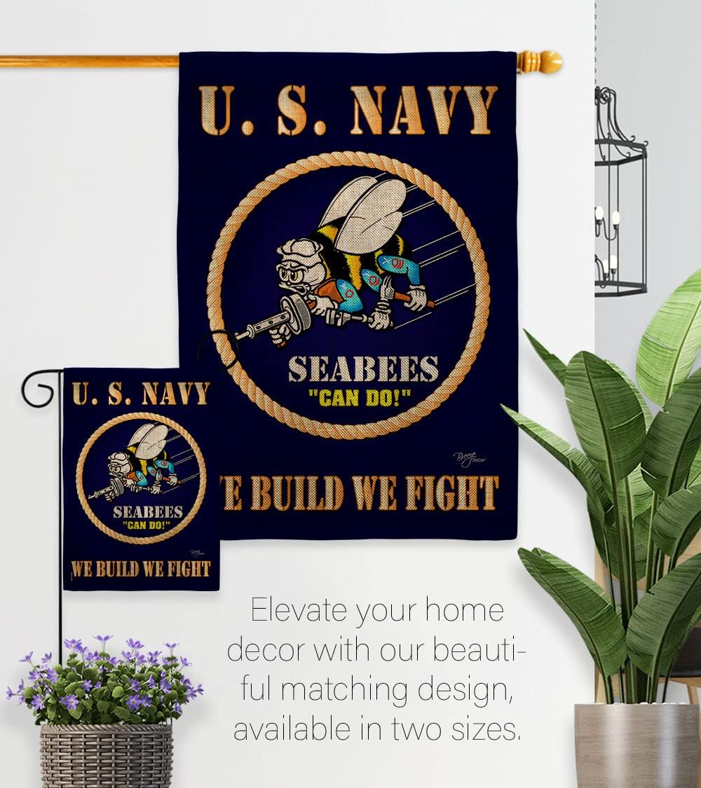 Sea Bees Burlap Garden Flag - Set with Stand Armed Forces Navy USN Seabee United State American Military Veteran Retire Official - House Banner Small Yard Gift Double-Sided Made in USA 13 X 18.5