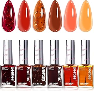 Beetles Spring Nail Polish Set - Golden Harvest 6 Colors Quick Drying Long-Lasting Burgundy Red Brown Jelly Glitter Spring Nail Polish for DIY At-Home Manicure Spring Gift for Women