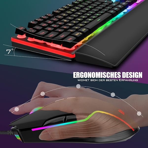 RedThunder K10 Gaming Tastatur und Maus Set, QWERTZ DE-Layout, Metallplatte und Handballenauflager,RGB-Hintergrundbeleuchtung und 7D mit Ergonomische für PC Gamer(Schwarz) - 5