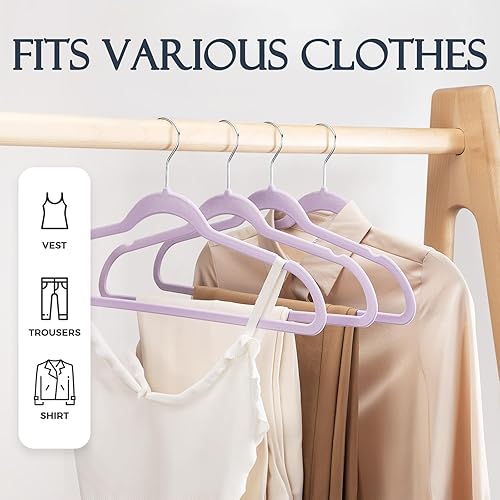 Miniatura 3 de HOUSE DAY Paquete de 60 perchas de terciopelo morado, perchas de fieltro antideslizantes de primera calidad, perchas moradas resistentes para