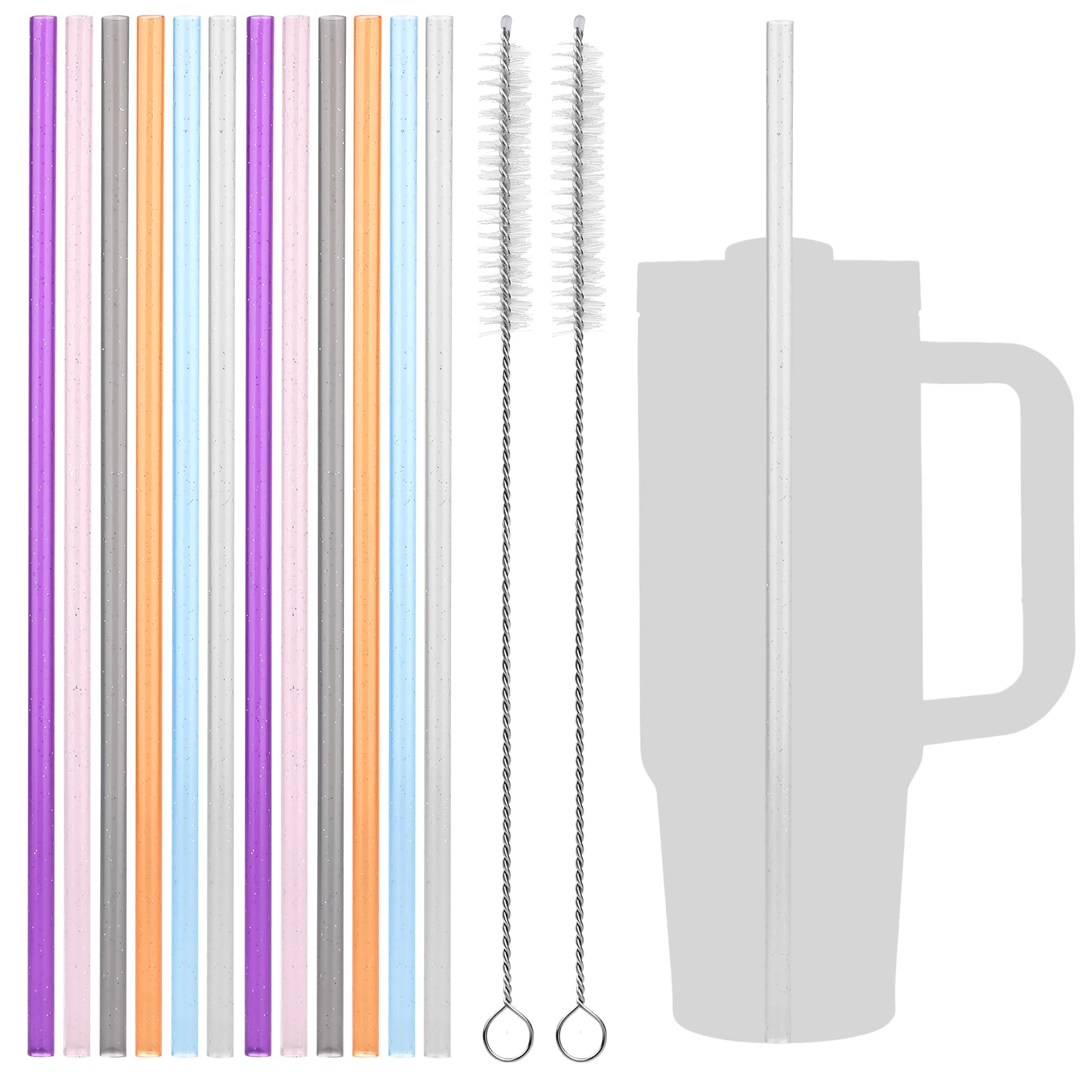 Pailles Réutilisables Pailletées ALINK - 12 Couleurs Transparentes Avec Brosse Nettoyage - 27.9 Cm Pour Tasses Yeti/Tervis