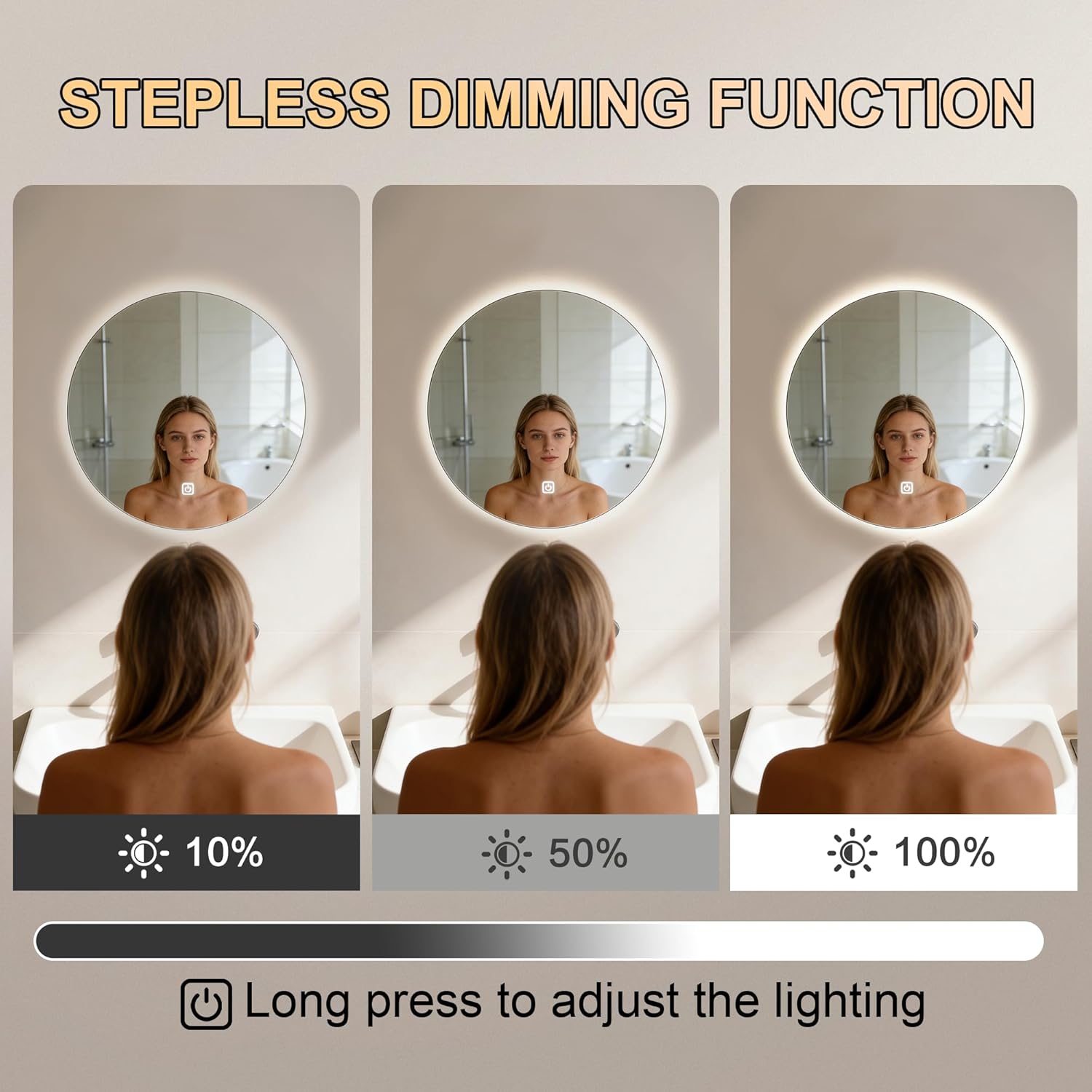 20 Inch Round LED Bathroom Mirror with Lights, Lighted Vanity Bathroom Mirror with Backlit, Stepless Dimmable & 3 Colors (3000K/4000K/6000K), IP54 Waterproof