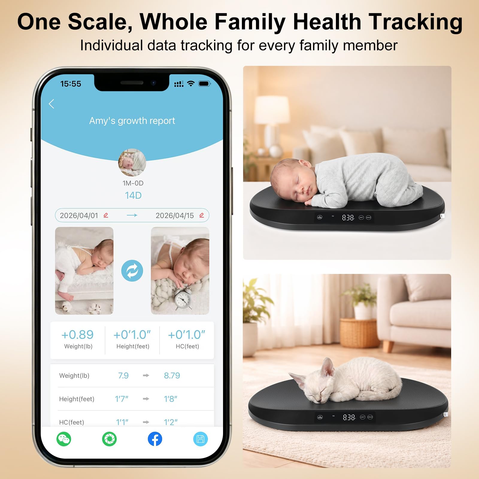 YauYik Balance numérique intelligente précise avec application pour suivre la croissance de bébé, nourrisson, chiot et chat, animal de compagnie jusqu'à 40 kg, avec fonction de maintien, mesure de