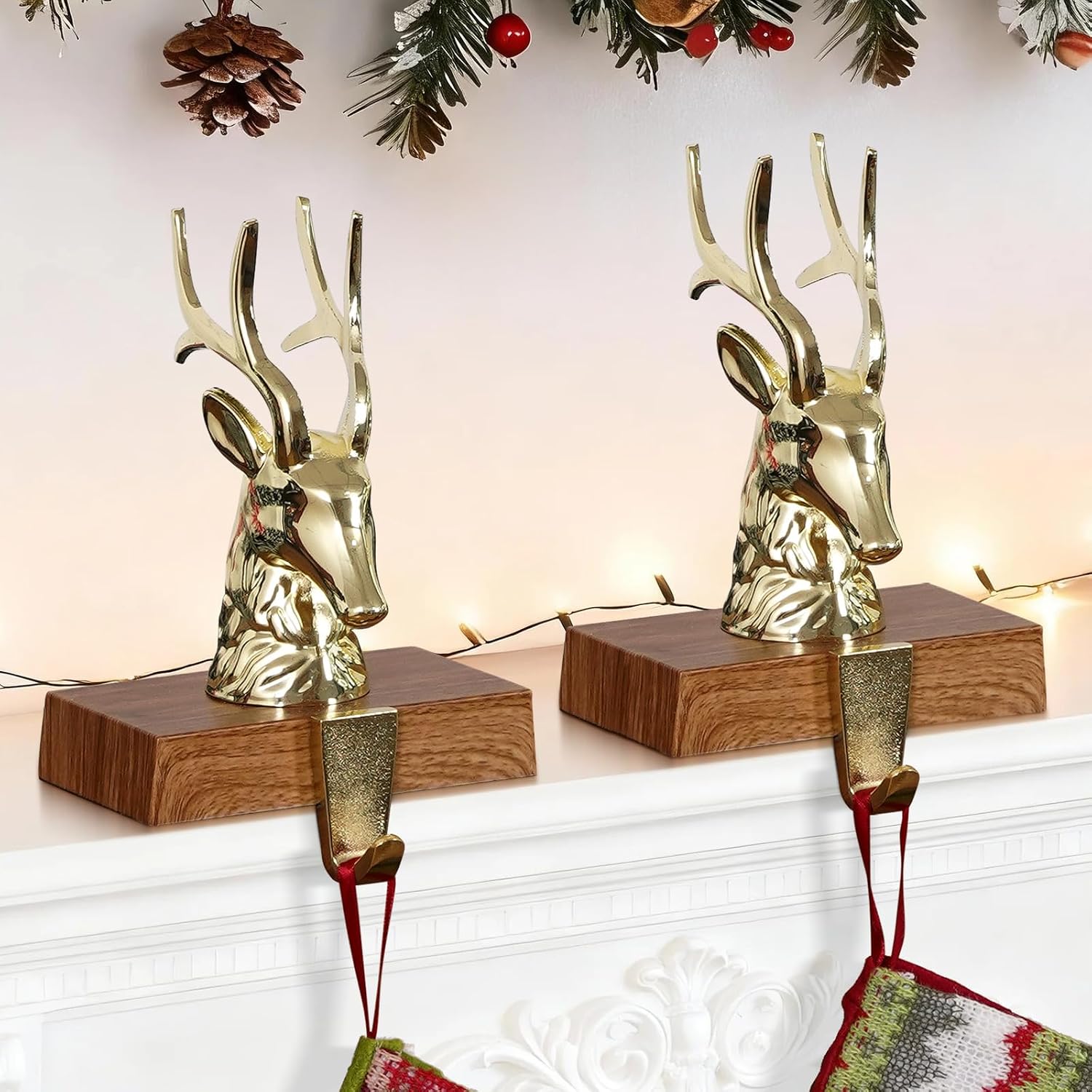 INNO STAGE Christmas Stocking Holders for Mantle Set of 2, 3D Reindeer Stocking Holders with Non-Slip Base, Stocking Hooks Hangers for Fireplace Shelf Table Festive Xmas Decorations (Durable Sturdy)