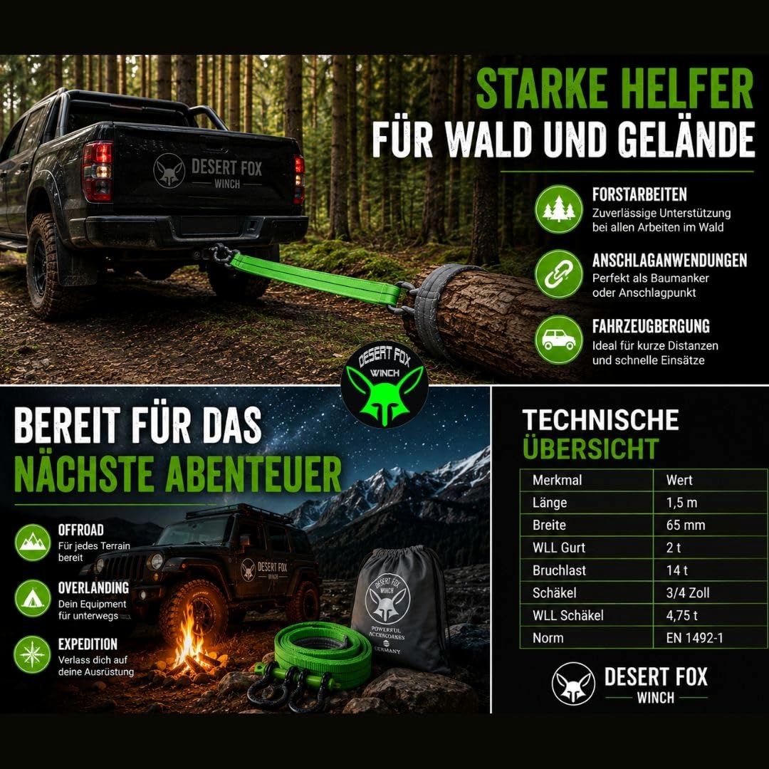 Bergeset mit 1,5 m Bergegurt nach EN 1492-1 und 2 x 3/4 Zoll Schäkel - Baumgurt, Anschlaggurt, Recovery Set für Offroad, Forst und Geländewagen