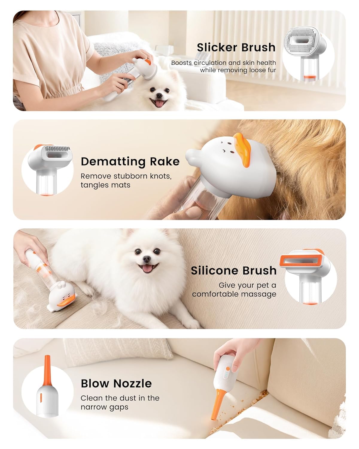 Spazzola sottovuoto per cani per spargimento, rastrello autopulente 4 in 1 per slicker e sottopelo, strumento di toelettatura per desheding, antistatico, massaggio e pettinatura tutto in uno!
