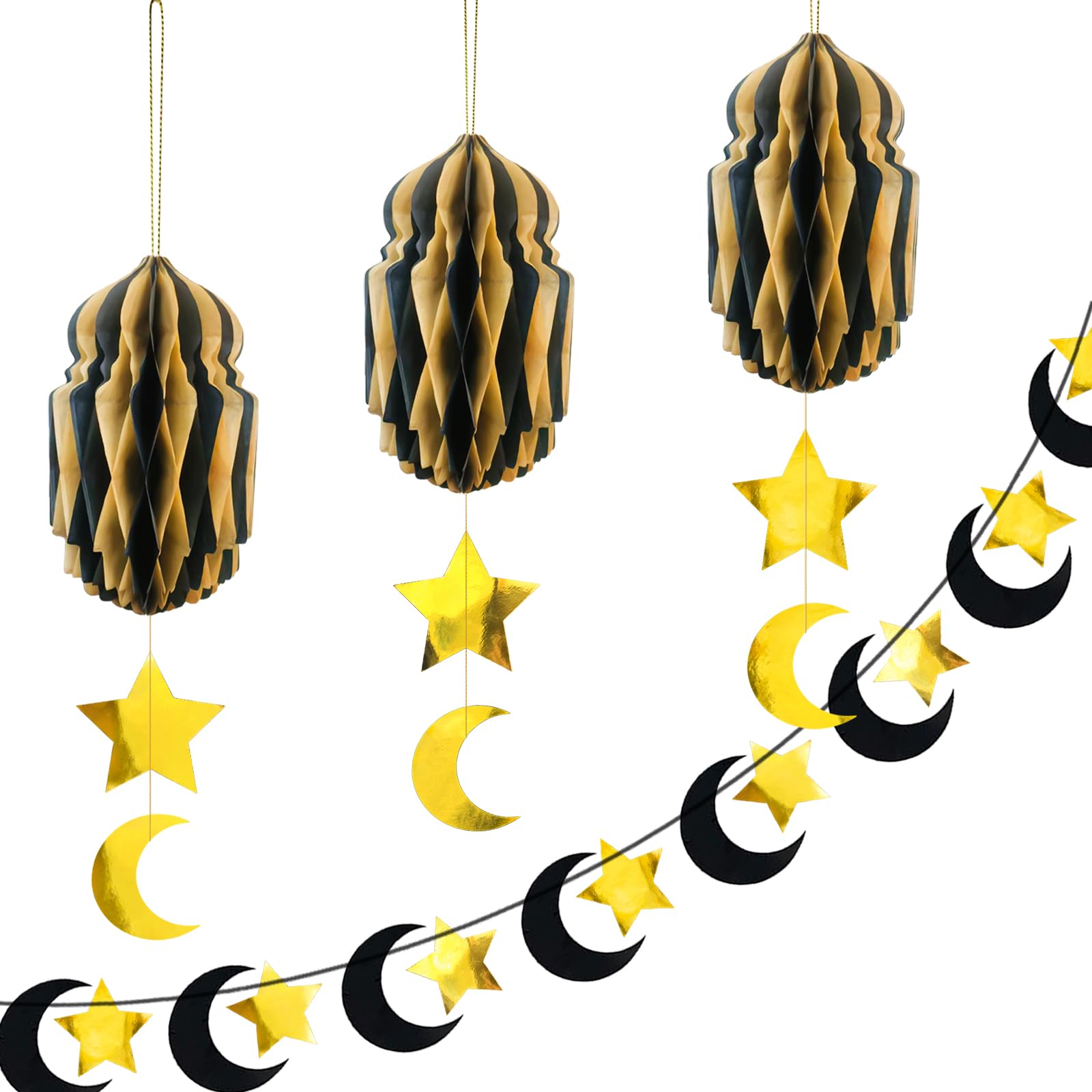 Ybwanli Gold, Black Ramadan Decorations For Home, Eid Mubarak Decorations, Mosque Honeycomb Decoration, Gold & Black Star Moon Circle Dot Garland, Premium Reusable Eid Decorations, Islamic Decorations For Home