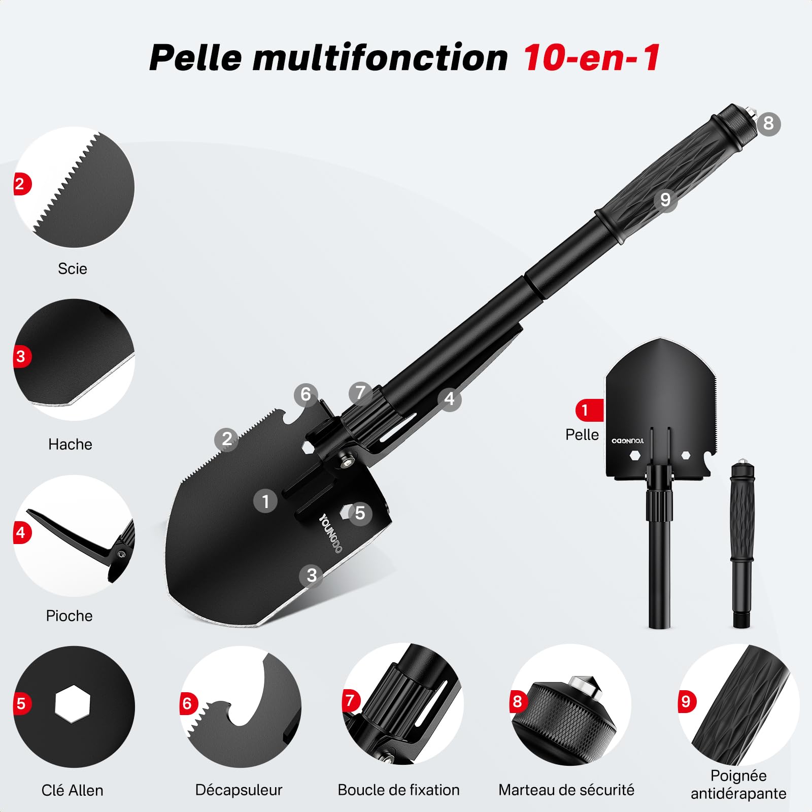 YOUNGDO Pelle Multifonction, Pelle Pliante 10 Fonctions, Pelle Pliante Multifonctionnelle pour Couper Branches, Camping, Survie, Randonnée et Jardinage (Pelle Pliable+ 2 Poignées)