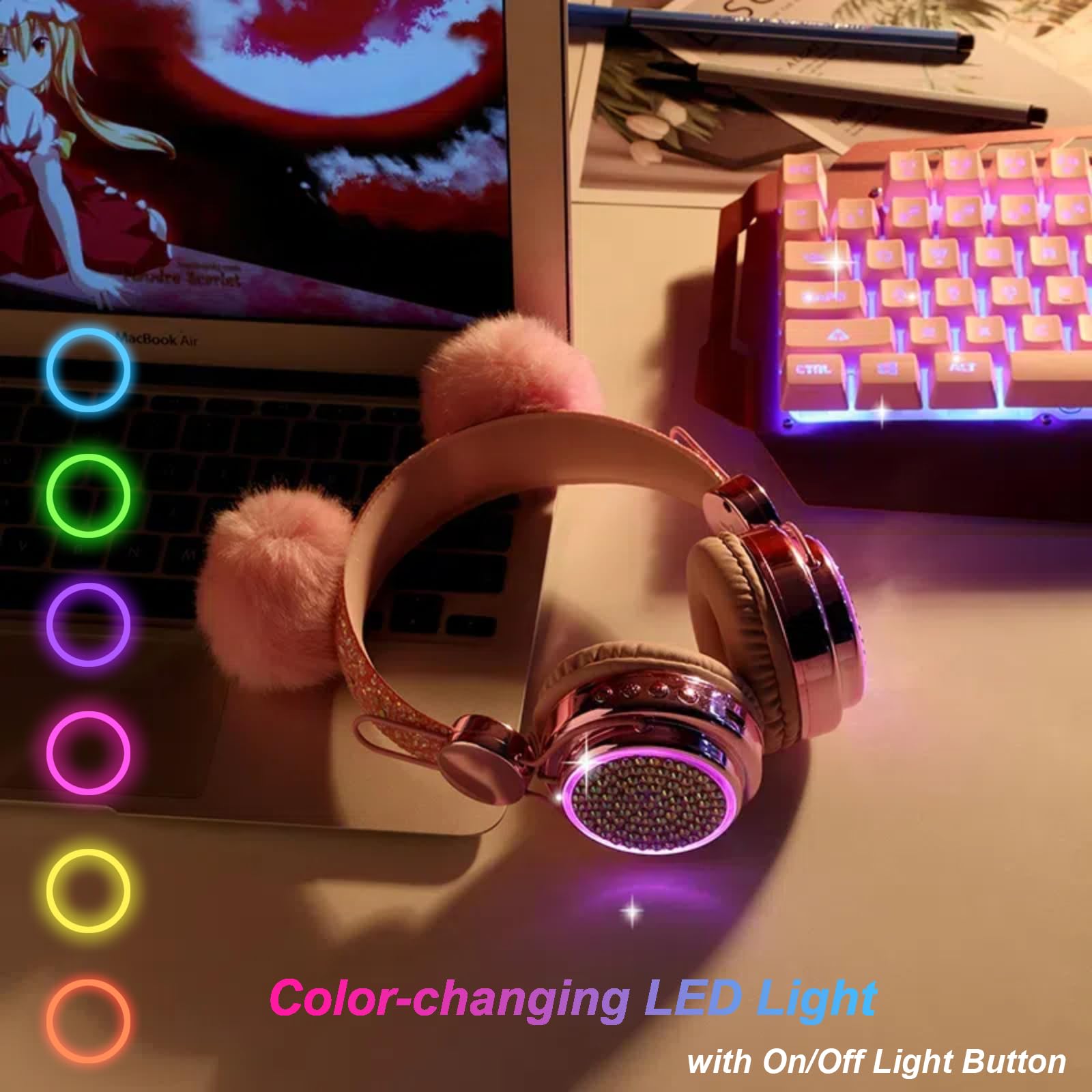 Cuffie per bambini senza fili, Bluetooth 5.3, luci LED colorate, over-ear, volume limitato 85 dB, cuffie per bambini/ragazze/regalo/scuola/tablet/viaggi (rosa)