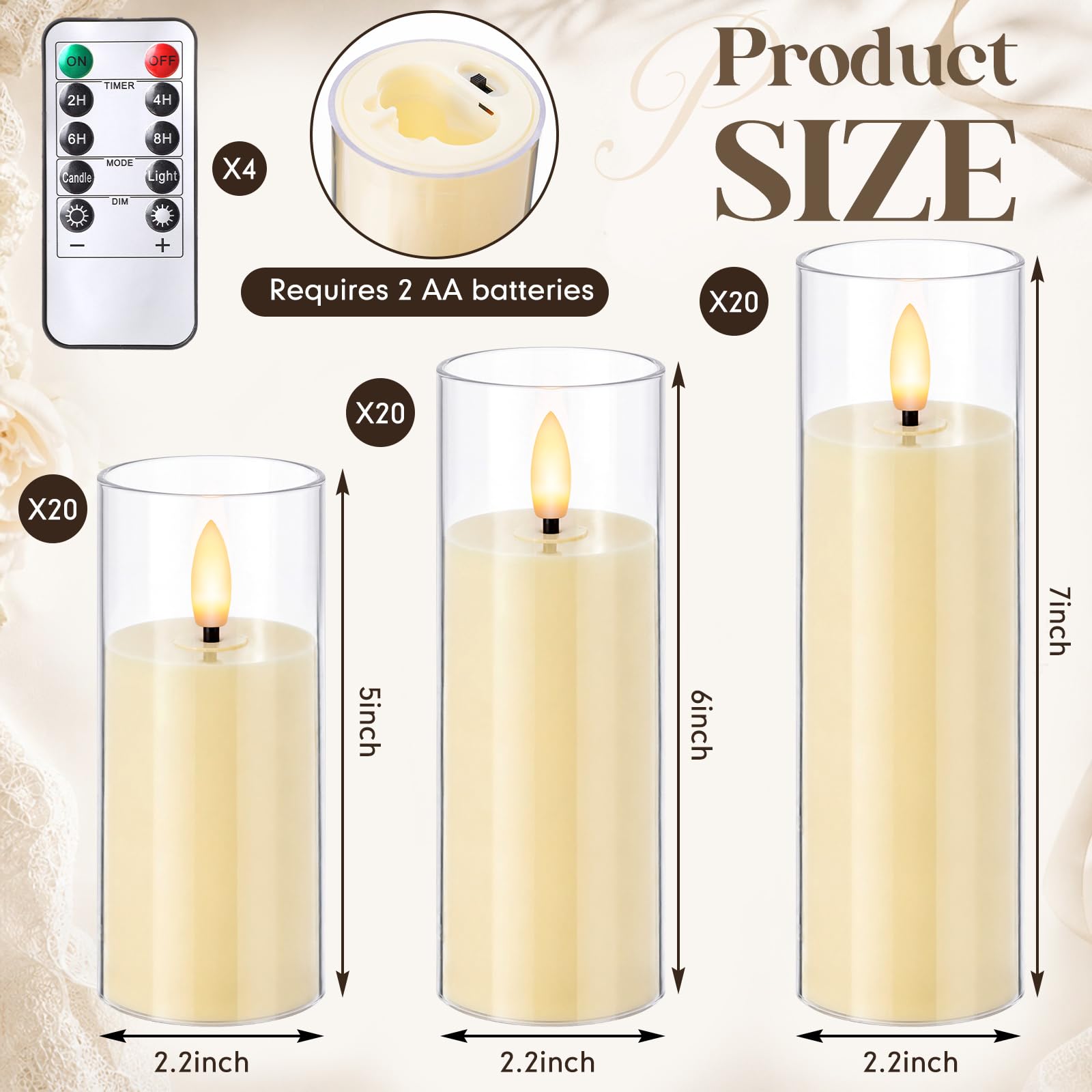 Retisee Confezione da 60 candele a LED in acrilico senza fiamma tremolanti con timer remoto (D 2,2 x H 12,7 cm, 15,2 cm, 17,8 cm), stoppino 3D in vera cera, funzionamento a batteria, per decorazione