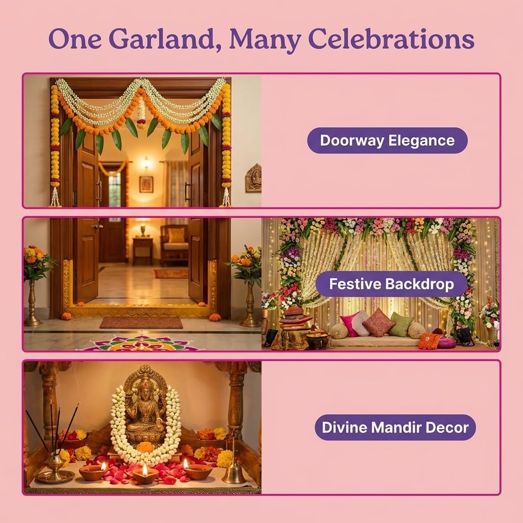 LOVENSPIRE Artificial Jasmine Buds Rose Garland for Festivals Pooja Indian Muslim Wedding Housewarming Diwali Decorations Eid Decoration Mehndi Party Day (Off White, 4Strings / 3Feet)