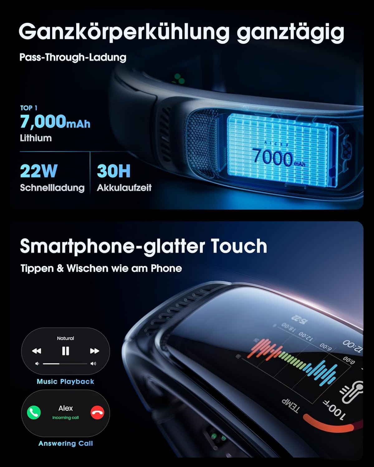 Nr.1 Kühlung AICE 3 AI Nacken-Klimaanlage 7000mAh 30H [Kühlung/Heizung] [Gesundheitsmonitor] Nackenventilator mit Kaltluft, App, wiederaufladbar, Musik, Anrufe, Geschenk, Eisweiß, ohne Ständer