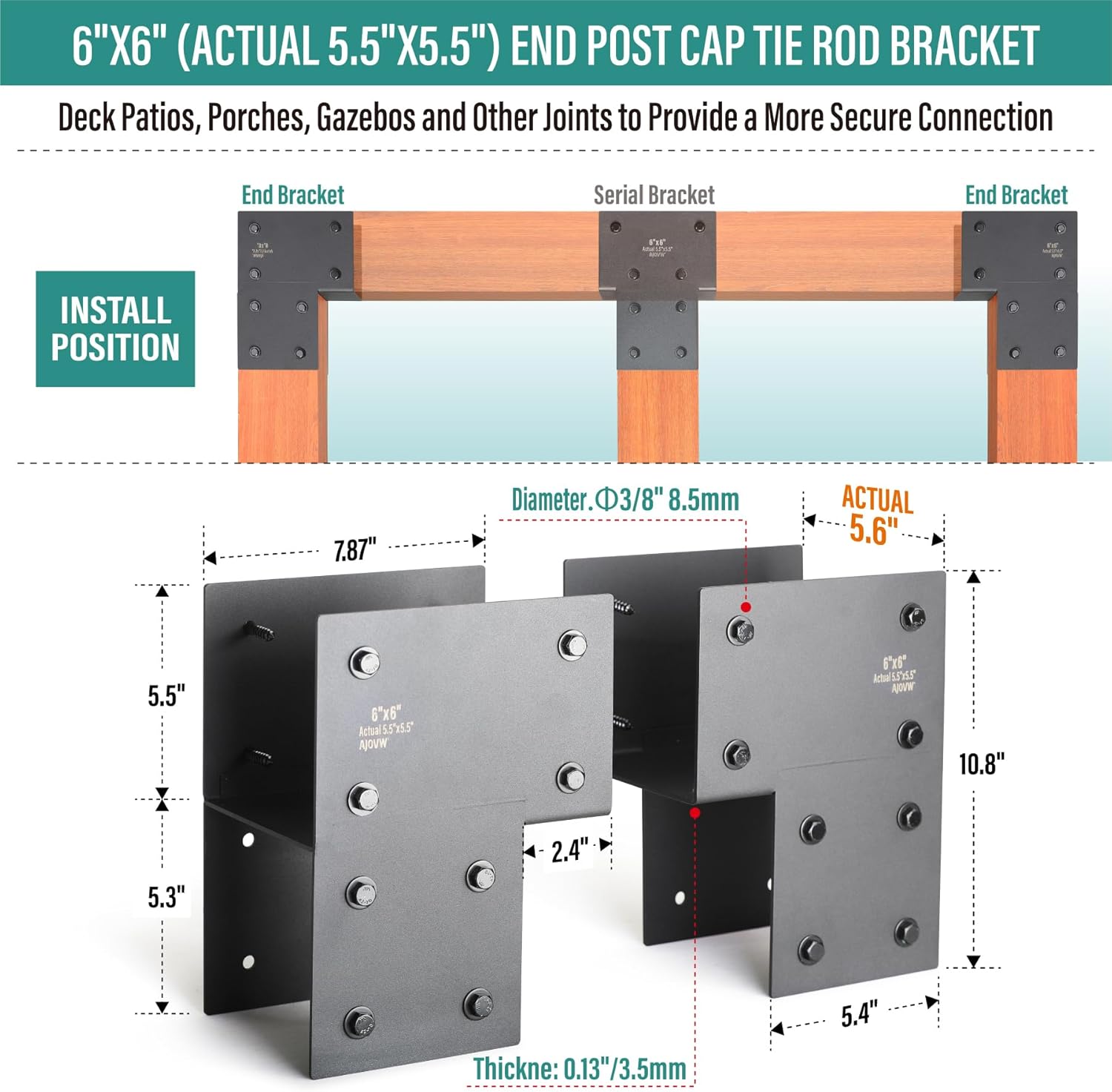 4 Pack 6x6 Post Anchor Connector, Heavy Stainless Steel End Post Cap Tie Brackets for Decks, Porches, Gazebos, etc Wood Post and Beam Anchor Connector (Black)
