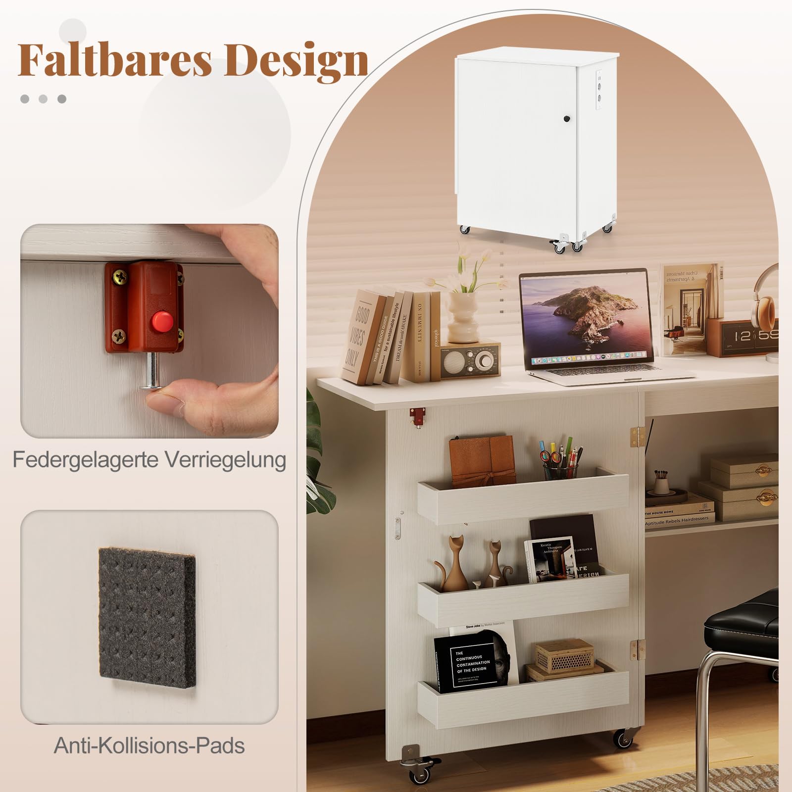 RELAX4LIFE 2 in 1 Nähtisch, Nähmaschinenschrank klappbar mit Ladestation, Nähschrank aus Holz mit Regalen, Nähmaschinentisch auf Rollen für Wohnzimmer & Schlafzimmer & Arbeitszimmer (Weiß)
