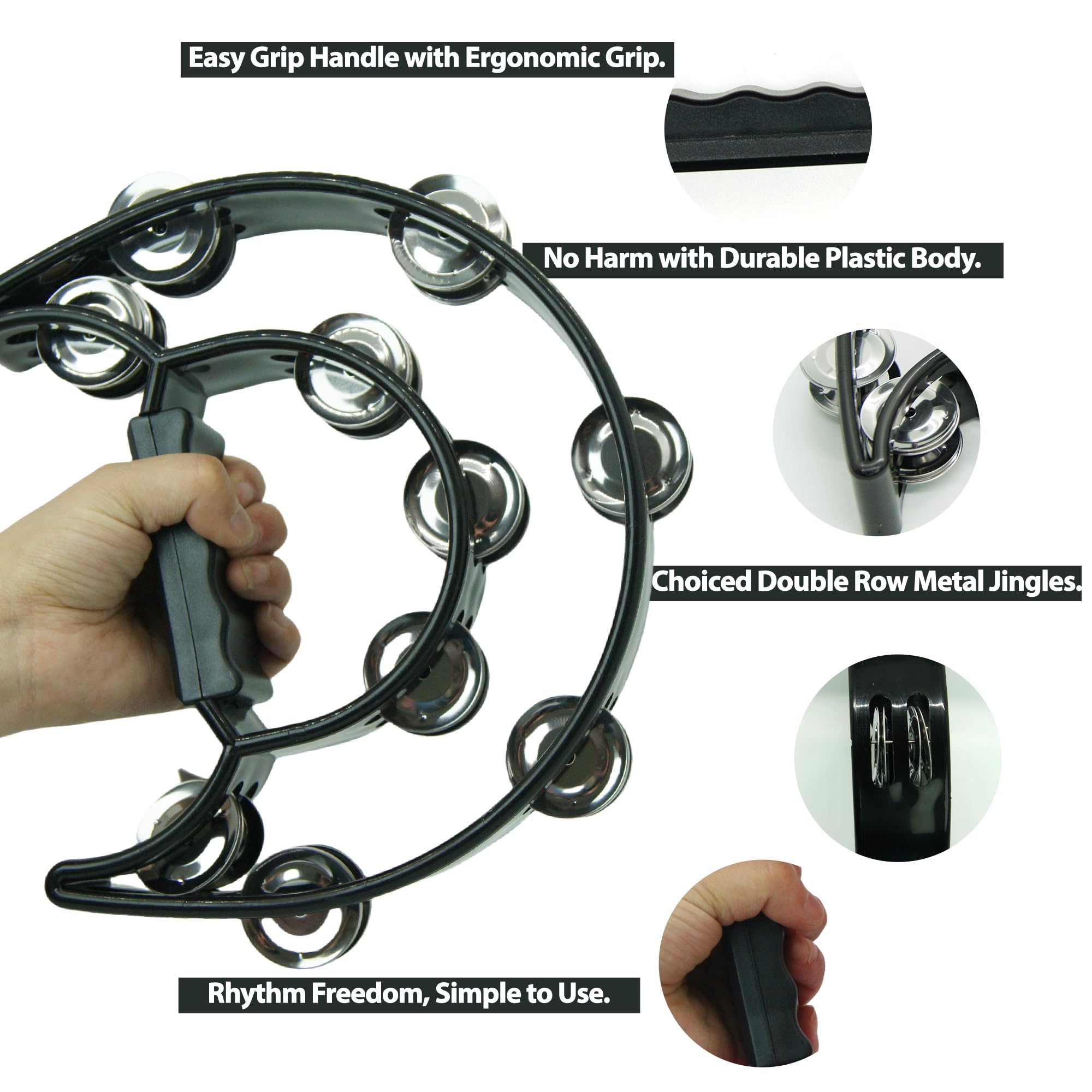 YAYUZEST Half Moon Musical Tambourine Double Row Metal Jingles Hand Held Percussion Tambourines Musical Instrumen with Ergonomic Handle Grip for Adults Church KTV Party (Black)